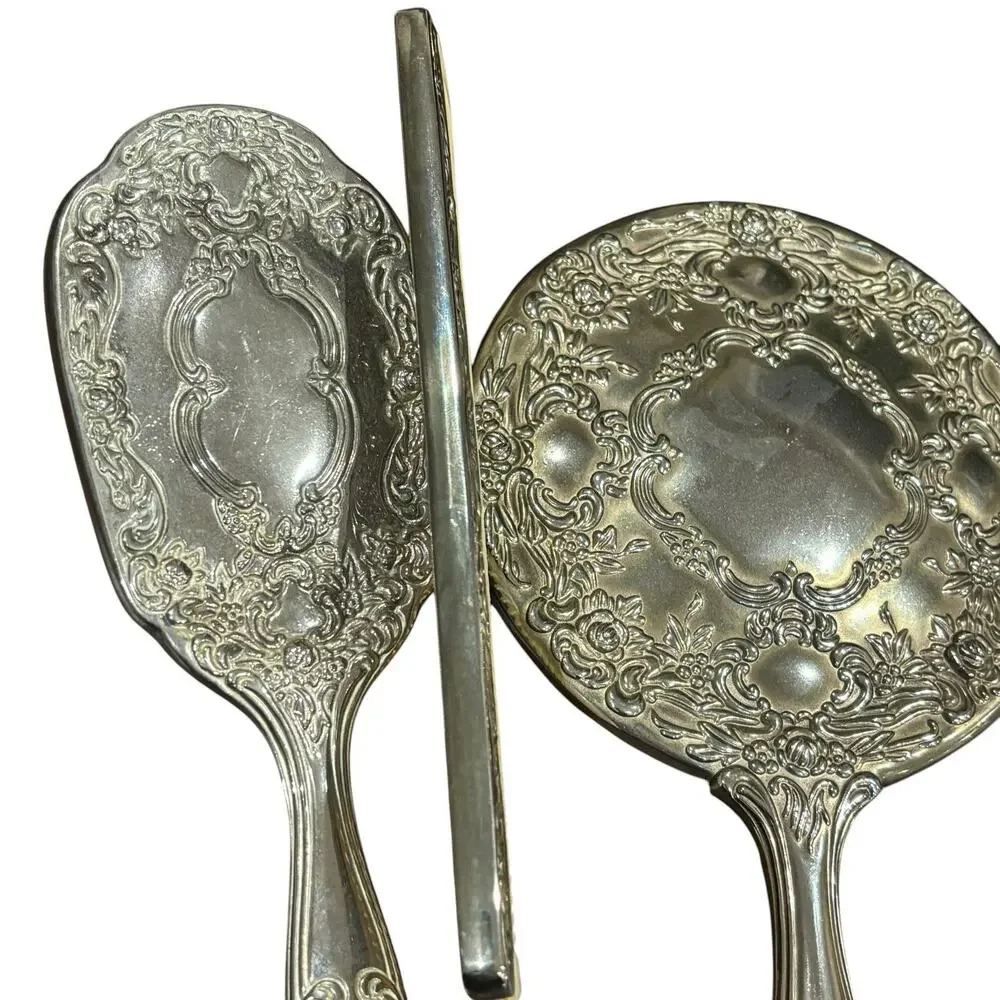 Vintage Silver Plated Vanity Set Heavy Repoussé Floral Mirror Brush Comb